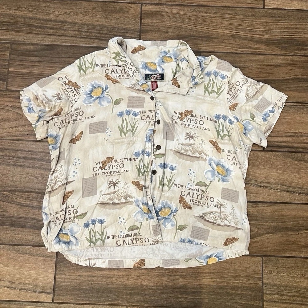 La Cabana Hawaiian Shirt Womens 2X Floral Tropical Button Front Rayon Top